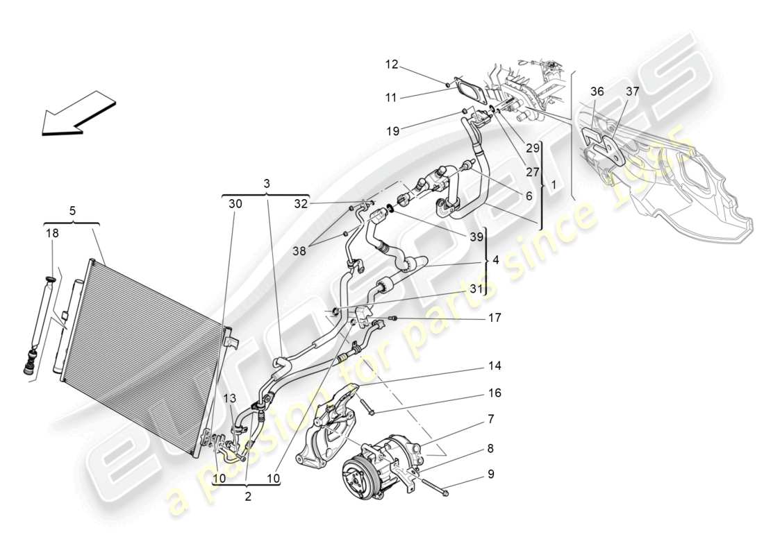 maserati levante (2020) unidad de a/c: dispositivos del compartimiento del motor diagrama de piezas