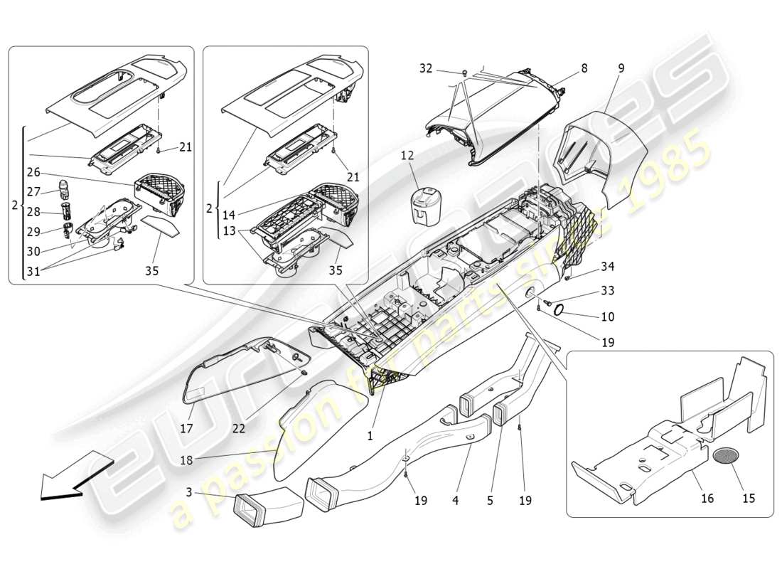 maserati ghibli (2018) diagrama de piezas de la consola de accesorios y la consola central