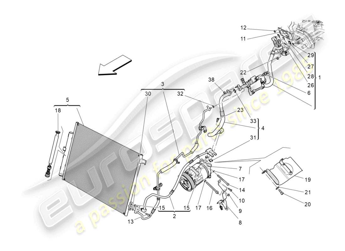 maserati levante gts (2020) unidad de a/c: dispositivos del compartimiento del motor diagrama de piezas