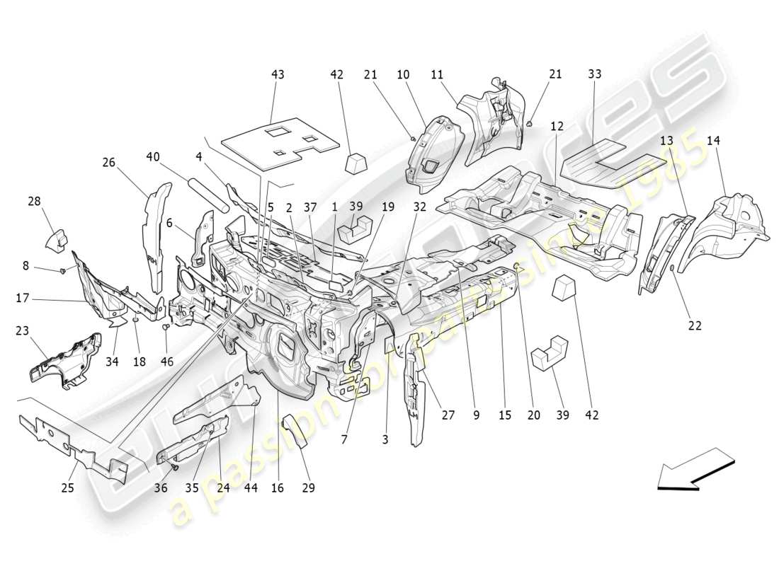 maserati ghibli (2018) paneles de insonorización en el interior del vehículo. diagrama de piezas.