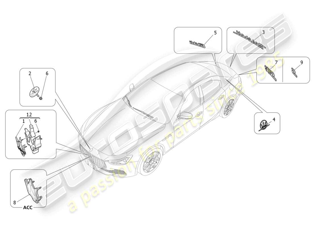maserati ghibli (2017) diagrama de piezas de adornos, marcas y símbolos