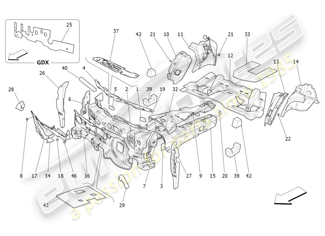 maserati ghibli (2017) paneles de insonorización en el interior del vehículo. diagrama de piezas.
