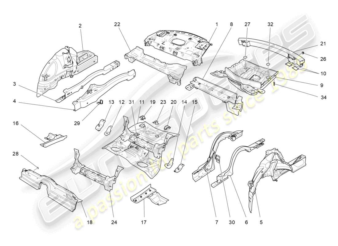 maserati quattroporte (2018) diagrama de piezas de marcos estructurales traseros y paneles de chapa