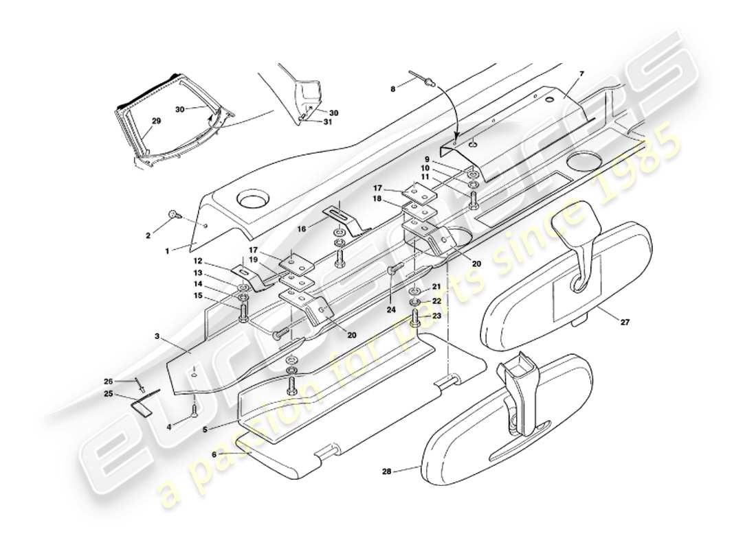 aston martin v8 volante (1998) diagrama de piezas de fascia y molduras