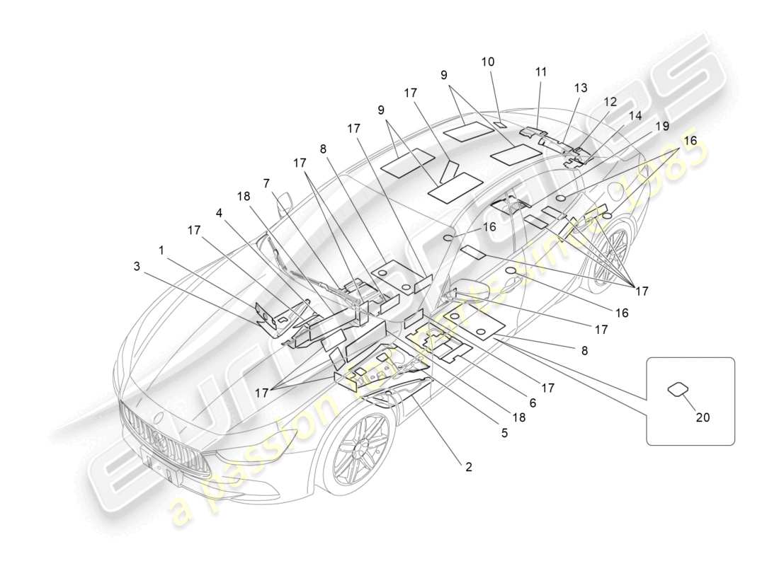 maserati ghibli (2017) paneles de insonorización en el interior del vehículo. diagrama de piezas.