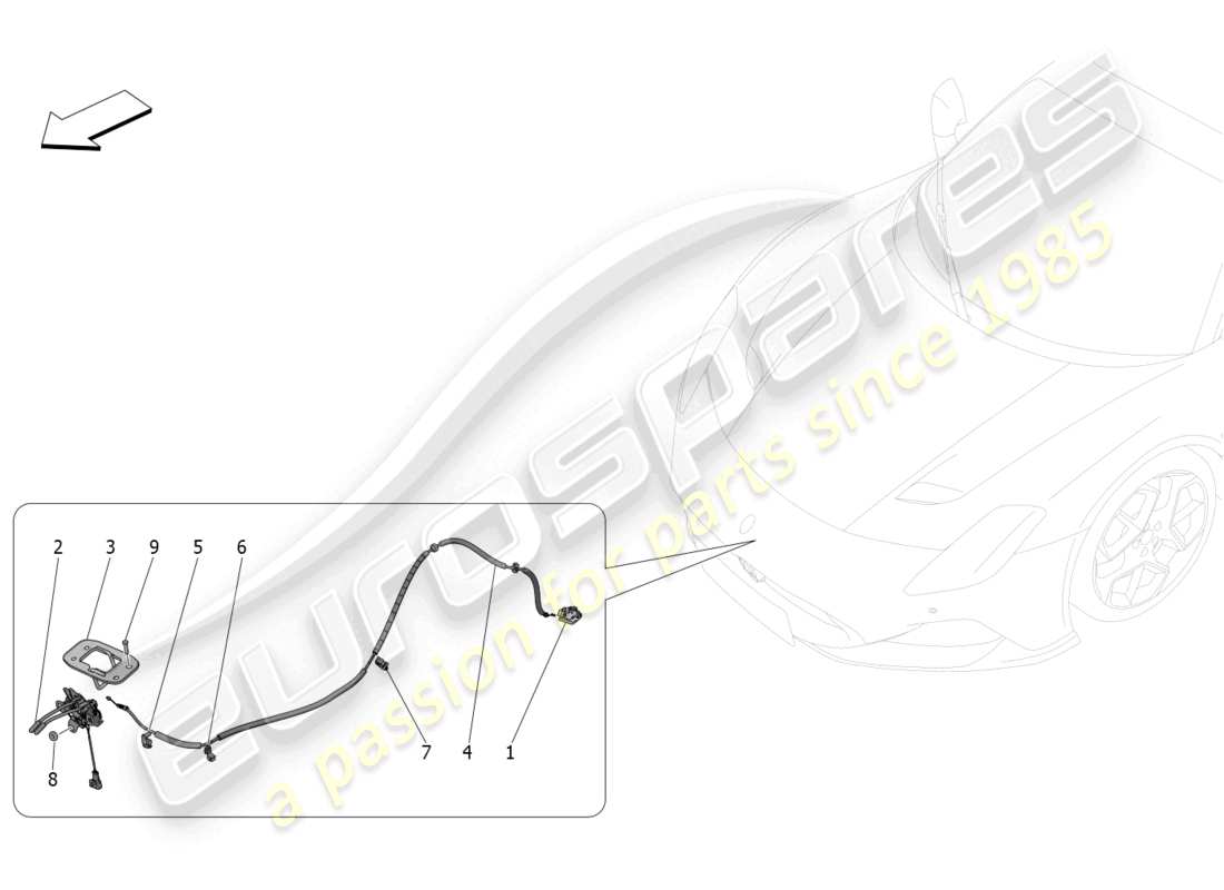 maserati mc20 (2023) diagrama de piezas del botón de apertura de la tapa frontal