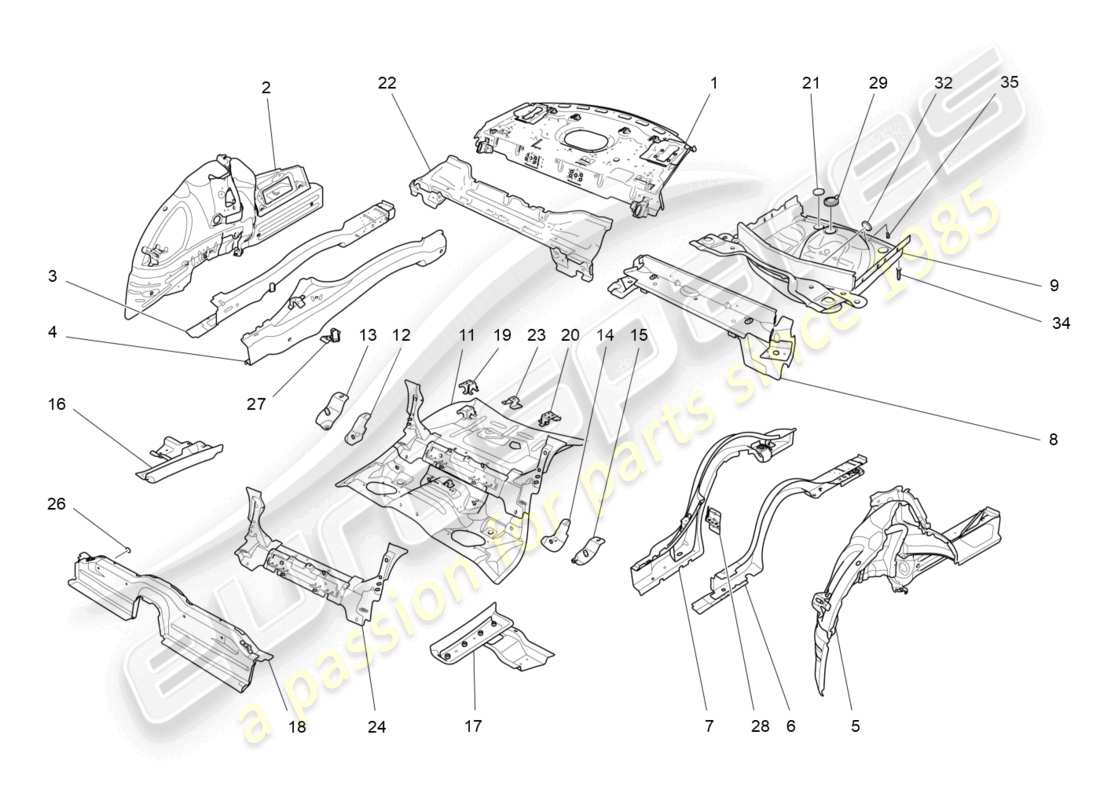 maserati ghibli (2017) diagrama de piezas de marcos estructurales traseros y paneles de chapa