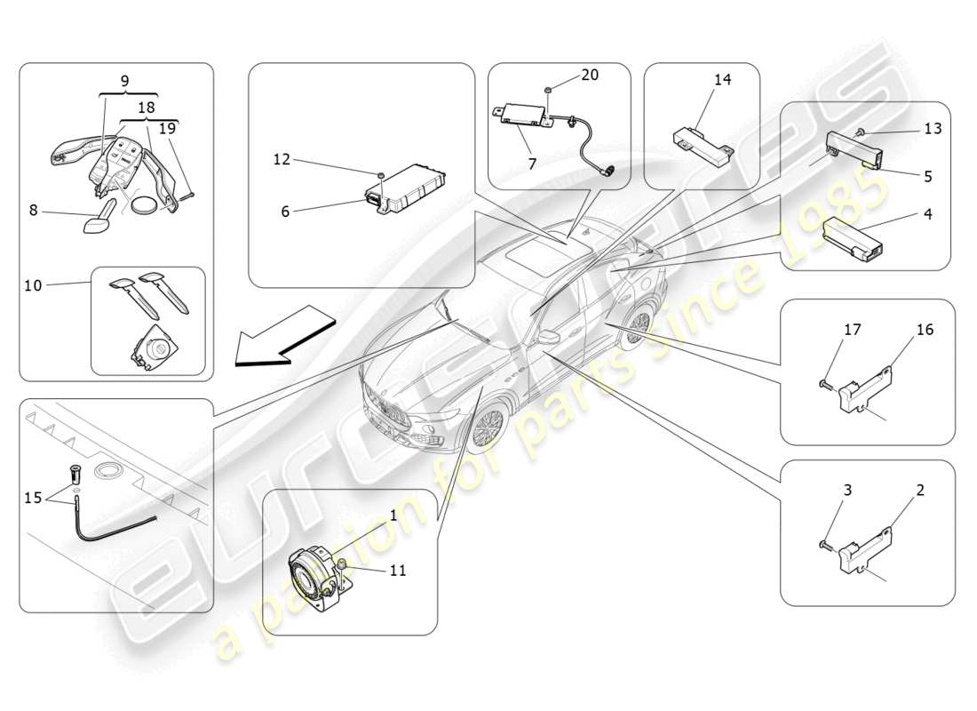 maserati levante (2017) sistema de alarma e inmovilizador diagrama de piezas