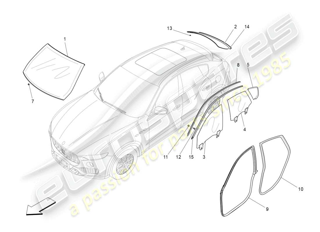 maserati levante tributo (2021) ventanas y bandas de ventanas diagrama de piezas