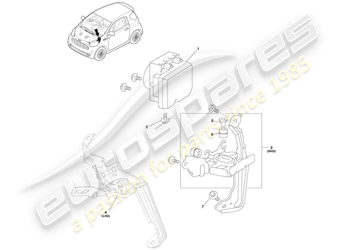 aston martin cygnet (2012) diagrama de piezas del módulo de control electrónico de frenos