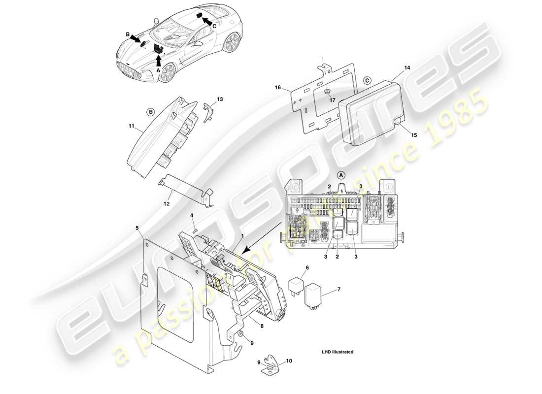 aston martin one-77 (2011) paneles de fusibles diagrama de piezas