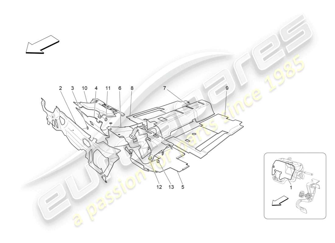 maserati granturismo mc stradale (2011) paneles de insonorización en el interior del vehículo. diagrama de piezas.