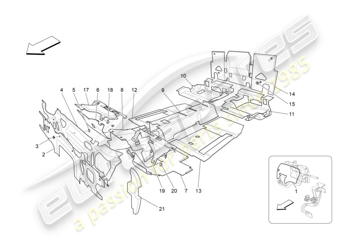 maserati grancabrio mc (2013) paneles de insonorización en el interior del vehículo. diagrama de piezas.