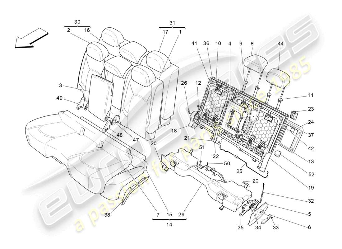 maserati levante modena s (2022) asientos traseros: diagrama de piezas de los paneles decorativos
