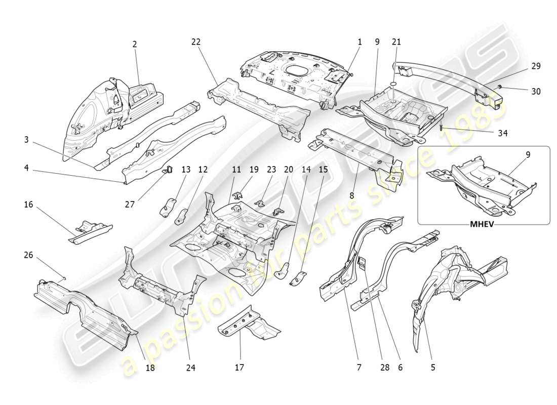 maserati ghibli (2017) diagrama de piezas de marcos estructurales traseros y paneles de chapa