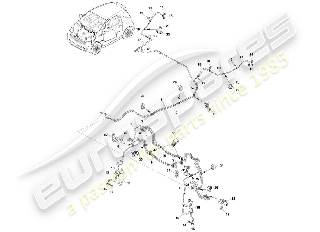 aston martin cygnet (2012) diagrama de piezas de mangueras y líneas de freno lhd