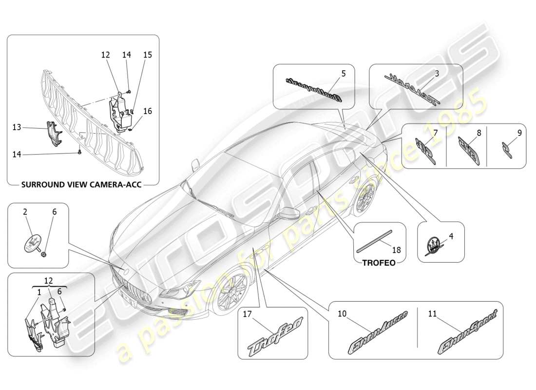 maserati quattroporte (2018) diagrama de piezas de adornos, marcas y símbolos
