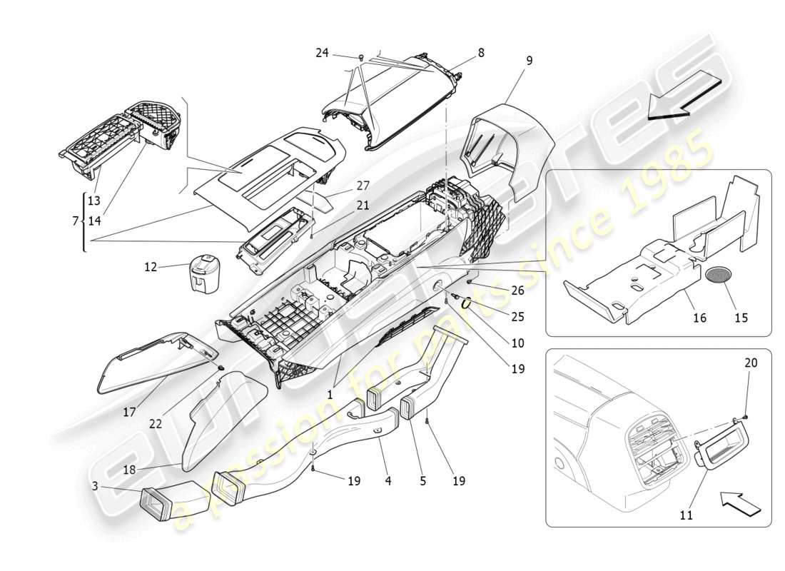 maserati quattroporte (2018) diagrama de piezas de la consola de accesorios y la consola central