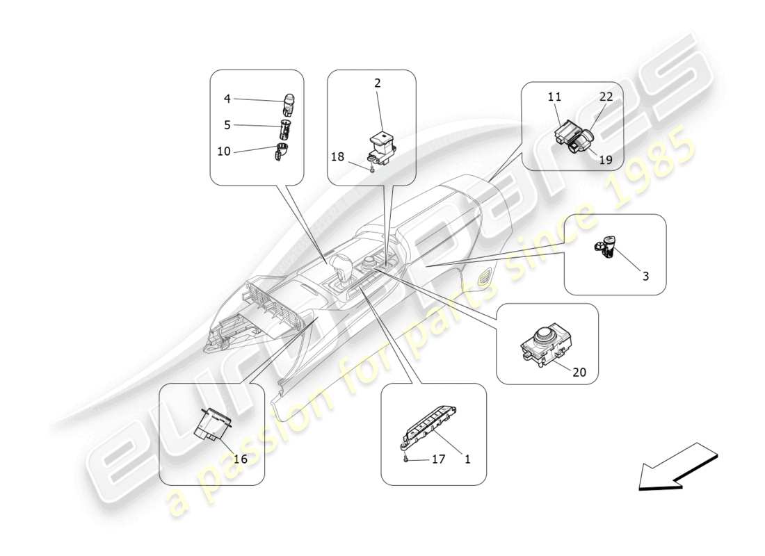 maserati levante (2020) dispositivos de consola central diagrama de piezas