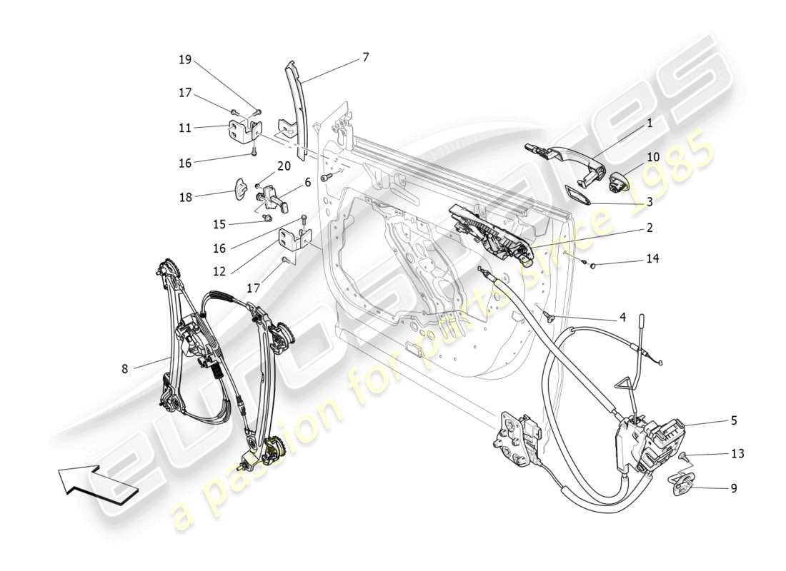maserati levante modena s (2022) puertas delanteras: mecanismos diagrama de piezas