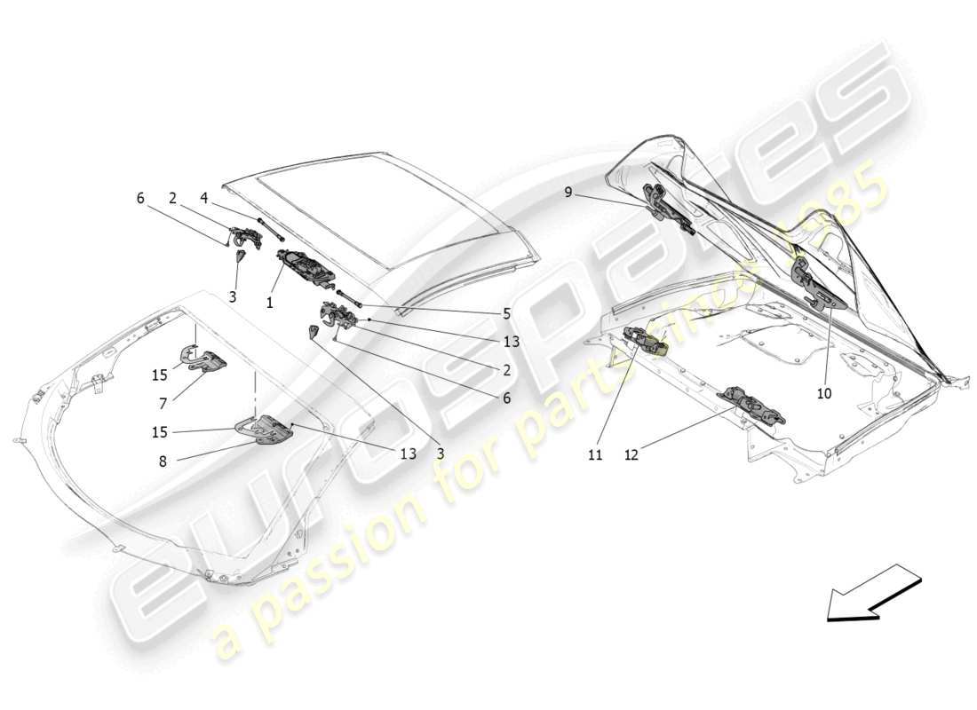 maserati mc20 cielo (2023) capote eléctrico: cierres y microinterruptores diagrama de piezas