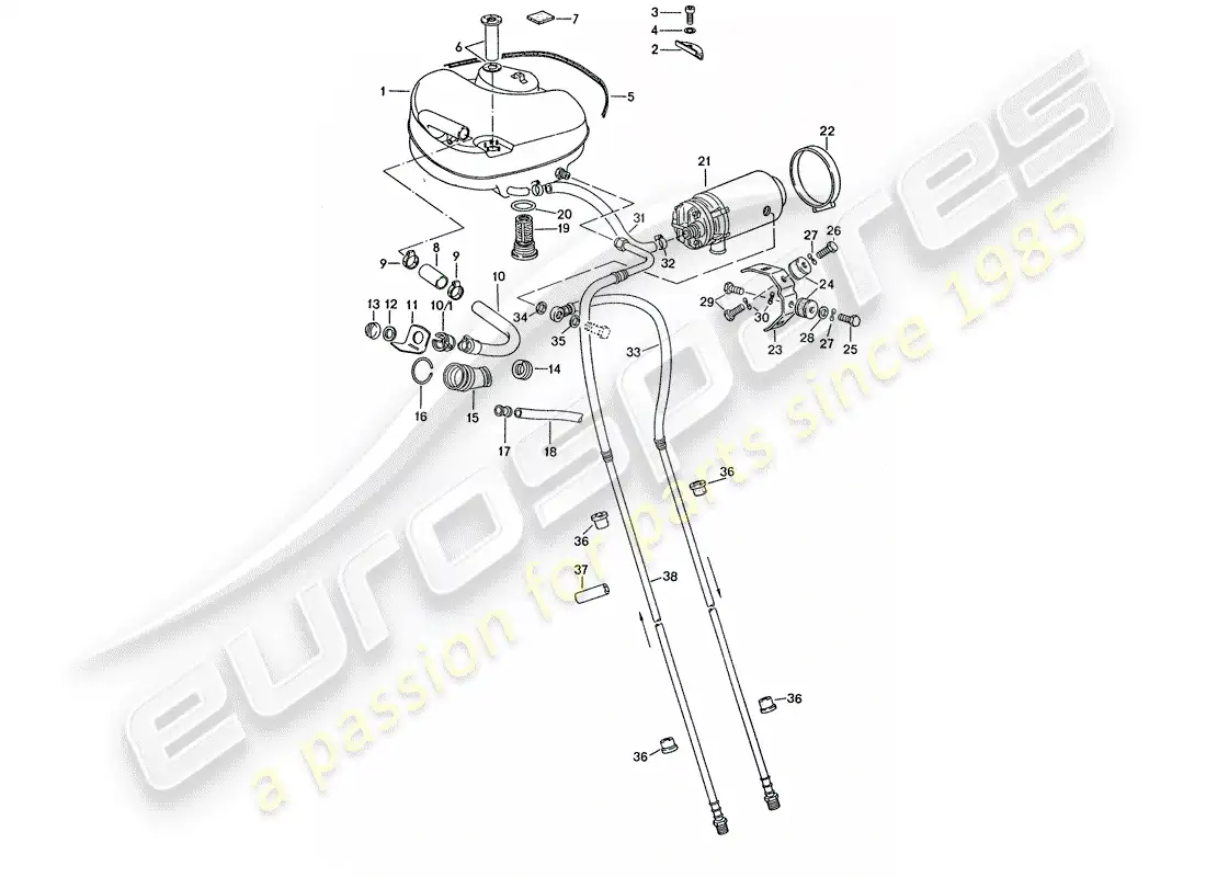 porsche 1976 (911 turbo) sistema de combustible - para vehículos con - auxiliar de aluminio. apoyo diagrama de piezas