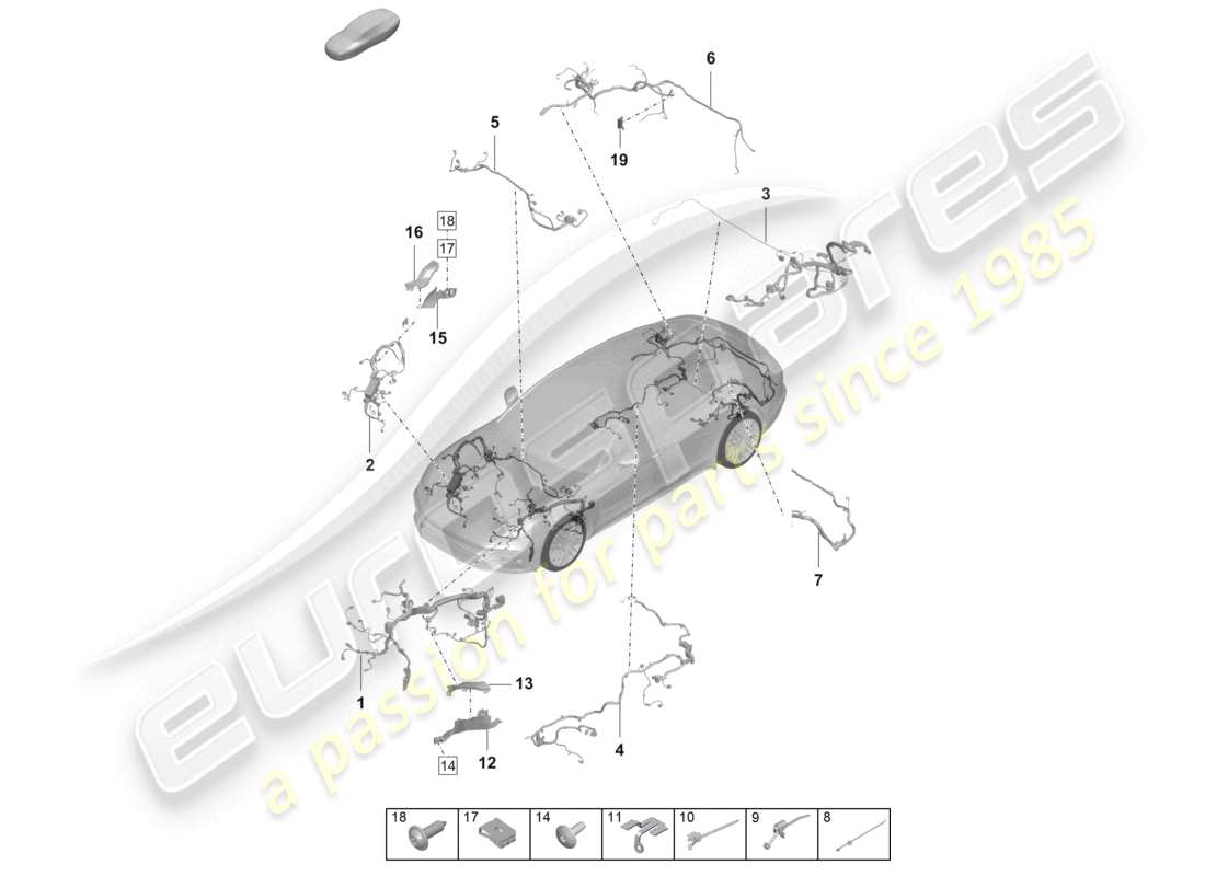 porsche 2022 (panamera 971-2) sección de piezas del arnés de cableado compartimiento del motor tapa trasera diagrama de piezas
