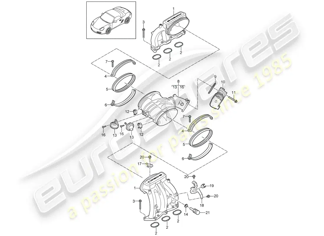 porsche 2012 (987 boxster) distribuidor de aire de admisión diagrama de piezas