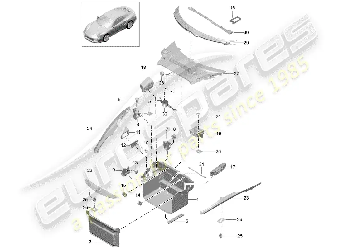 porsche 2015 (991-1 turbo) forro de bota diagrama de piezas