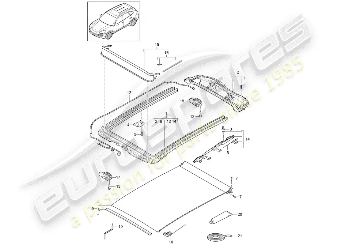 porsche 2016 (cayenne e2 92a) techo de cristal diagrama de piezas