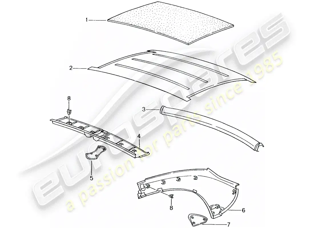 porsche 1999 (986 boxster) techo rígido - equipamiento interior diagrama de piezas