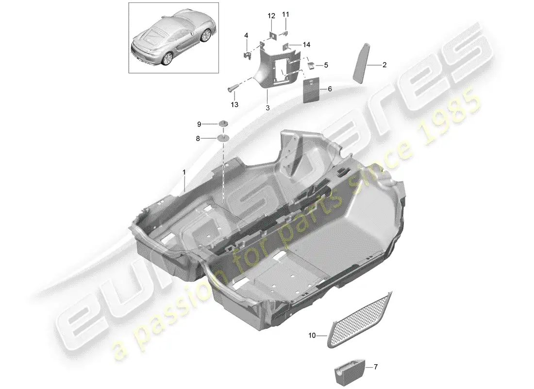 porsche 2016 (981 cayman gt4) diagrama de piezas de la cubierta del piso