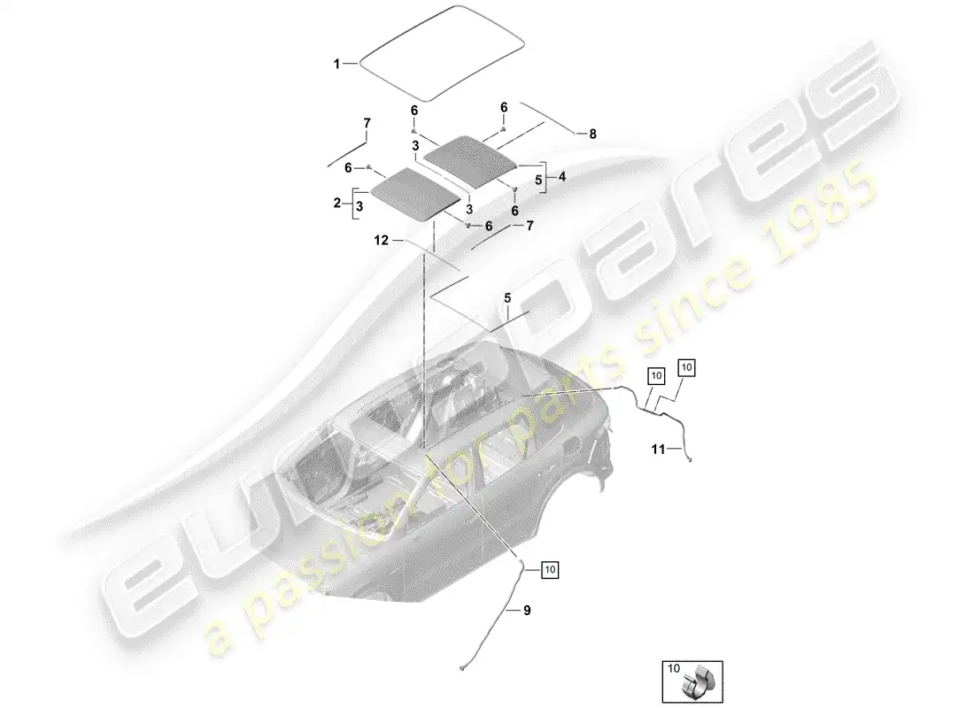 porsche 2019 (cayenne e3 9ya/9yb) techo de cristal diagrama de piezas