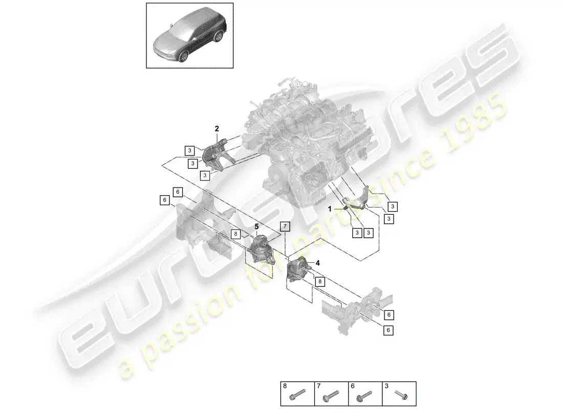 porsche 2018 (cayenne e3 9ya/9yb) dispositivo de elevación del motor diagrama de piezas