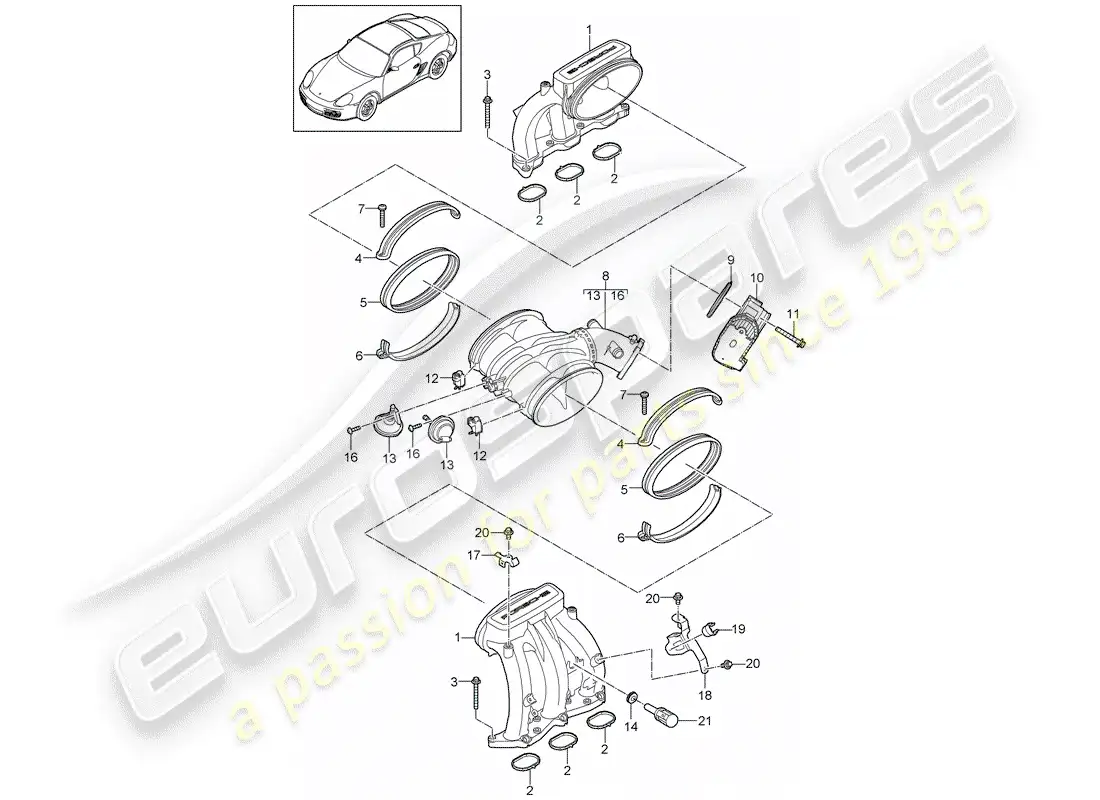 porsche 2011 (987 cayman) distribuidor de aire de admisión diagrama de piezas