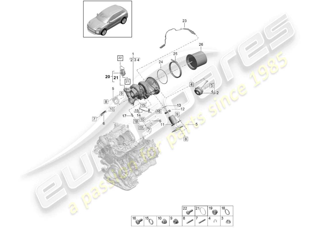 porsche 2021 (macan) turbocompresor de gases de escape colectores de escape sonda lambda diagrama de piezas