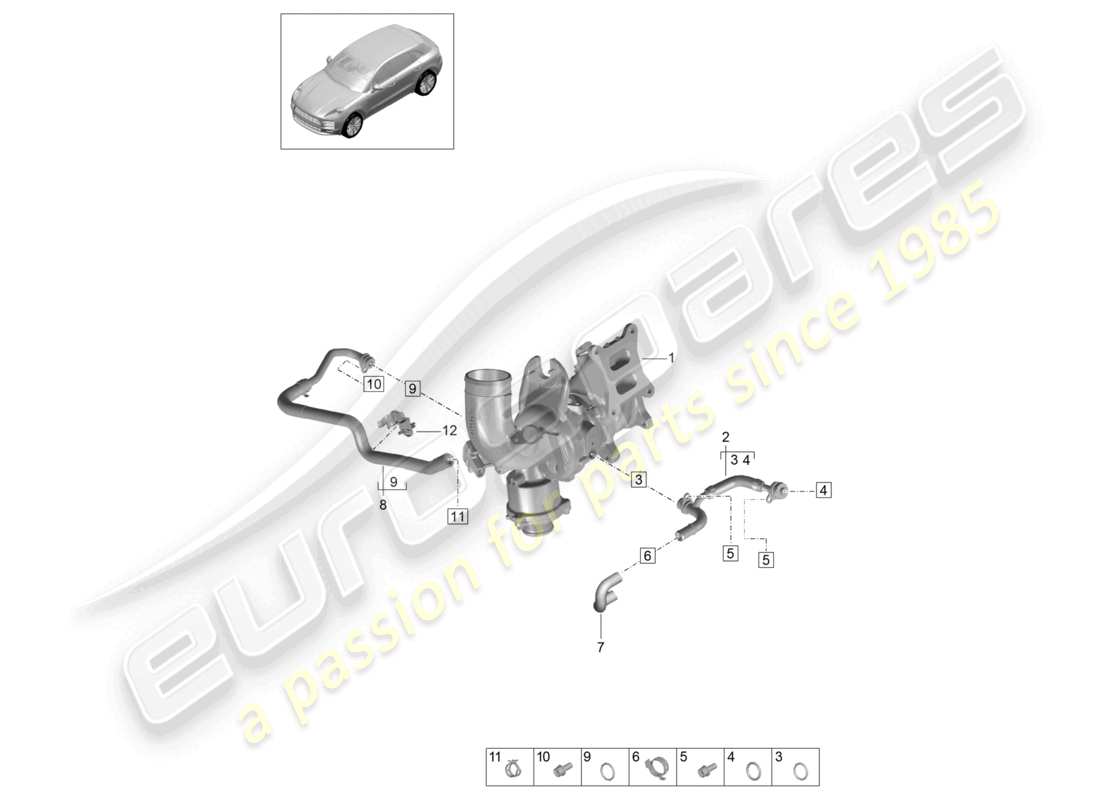 porsche 2021 (macan) diagrama de piezas del sistema de enfriamiento del refrigerante del turbocompresor