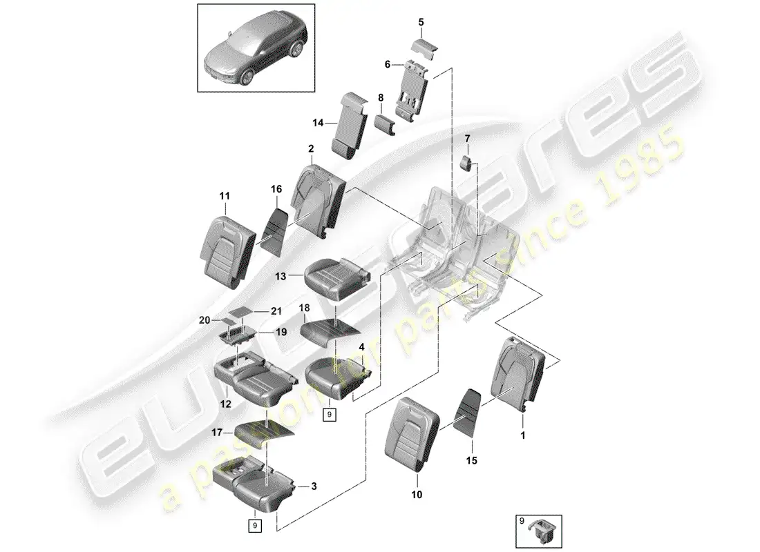 porsche 2018 (cayenne e3 9ya/9yb) asiento diagrama de piezas