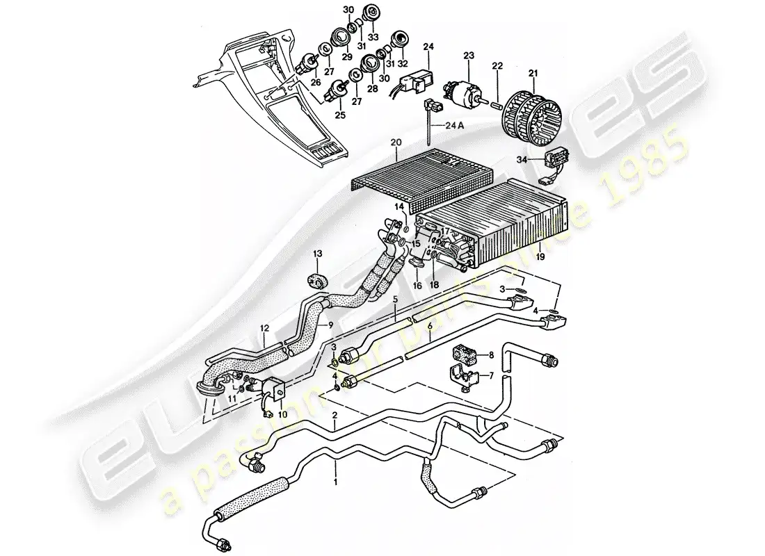 porsche 1993 (928) aire acondicionado auxiliar - líneas diagrama de piezas