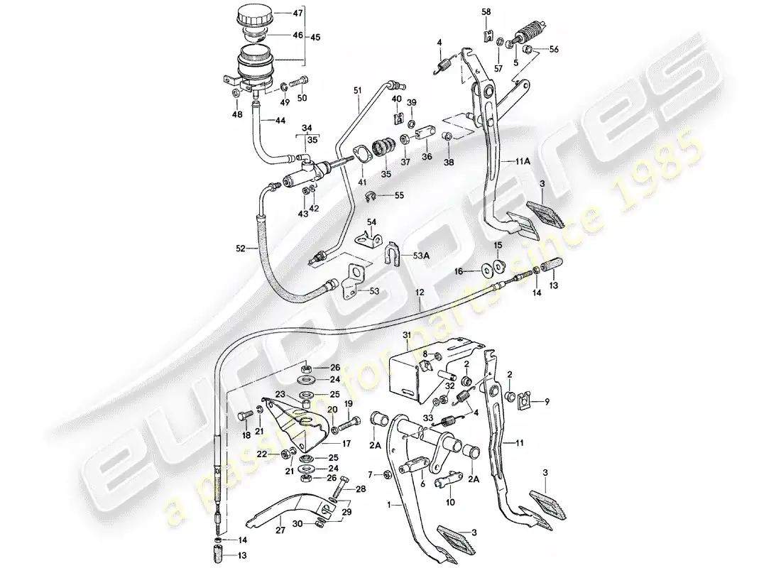porsche 1985 (924) pedales de freno y embrague - cluster diagrama de piezas