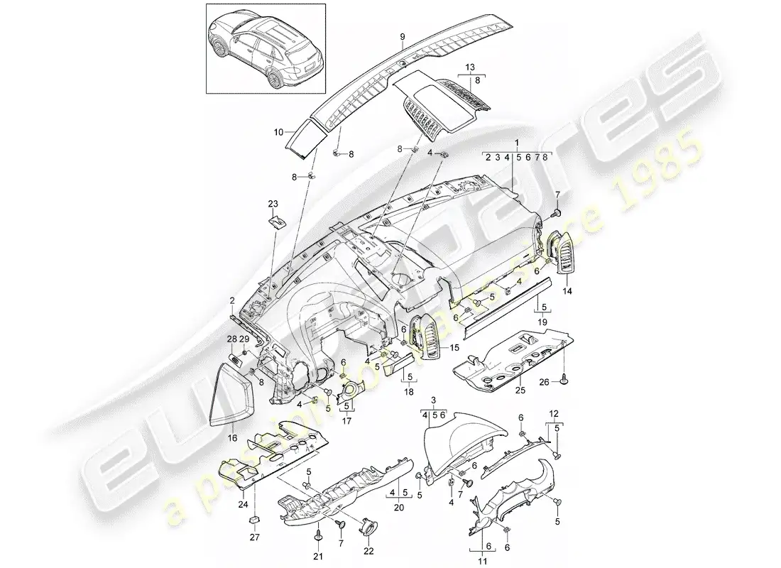 porsche 2013 (cayenne e2 92a) diagrama de piezas del embellecedor del panel de instrumentos