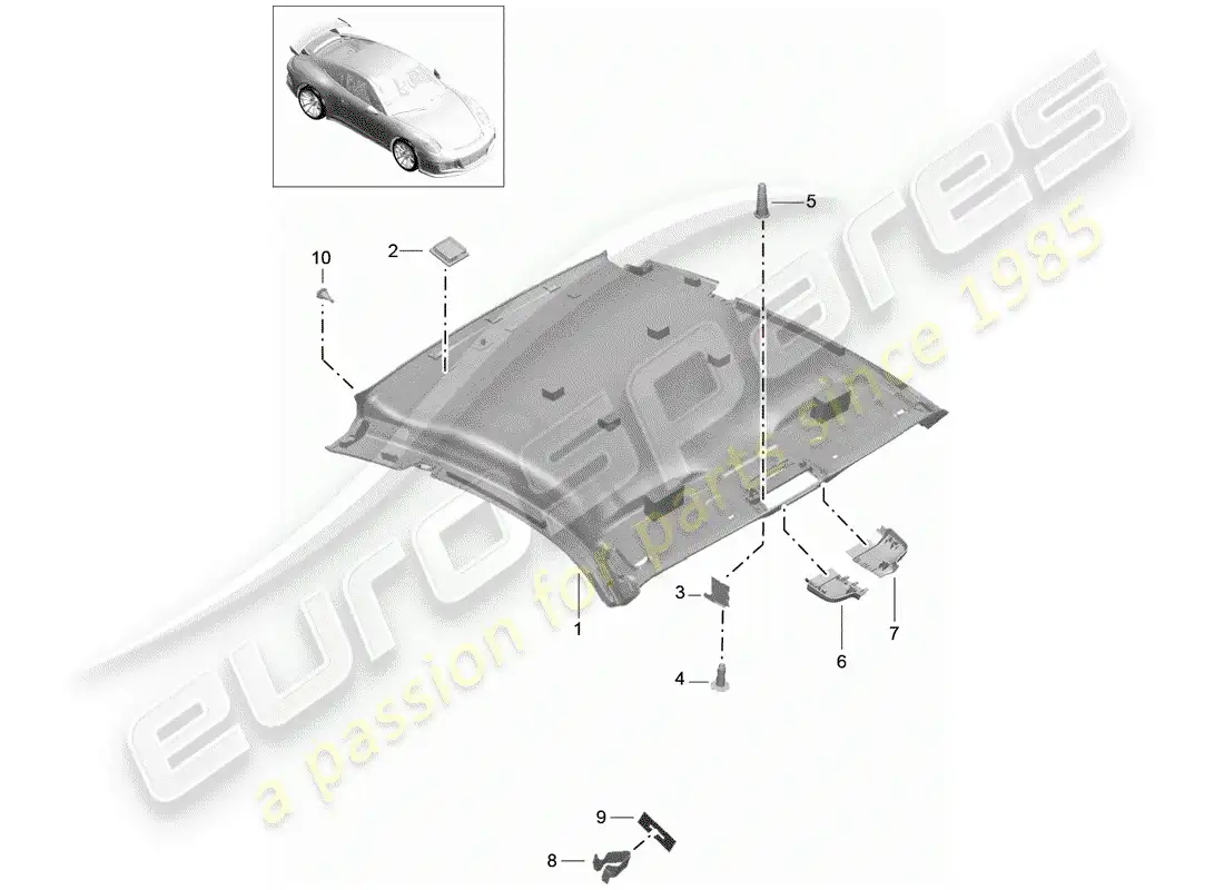 porsche 2016 (991-1 r/gt3/rs) panel de adorno de techo diagrama de piezas