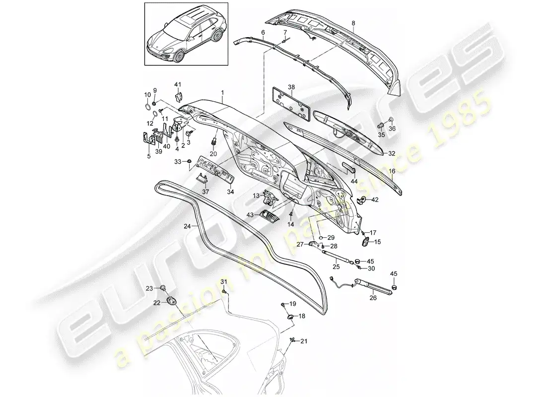 porsche 2013 (cayenne e2 92a) diagrama de piezas de la tapa del maletero trasero