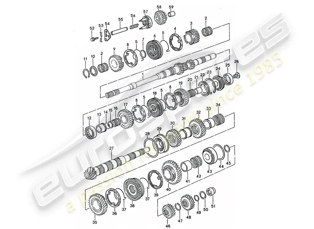 porsche 1992 (968) caja de cambios manual - engranajes y ejes diagrama de piezas