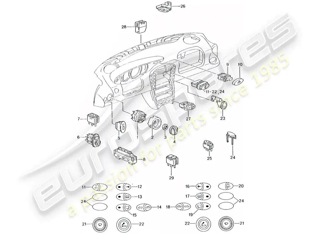 porsche 1999 (996) switch diagrama de piezas
