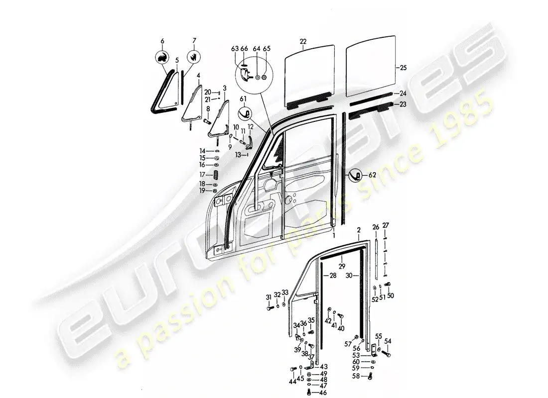 porsche 1960 (356b/356c) marco de ventana - ventana lateral - ventana de puerta diagrama de piezas
