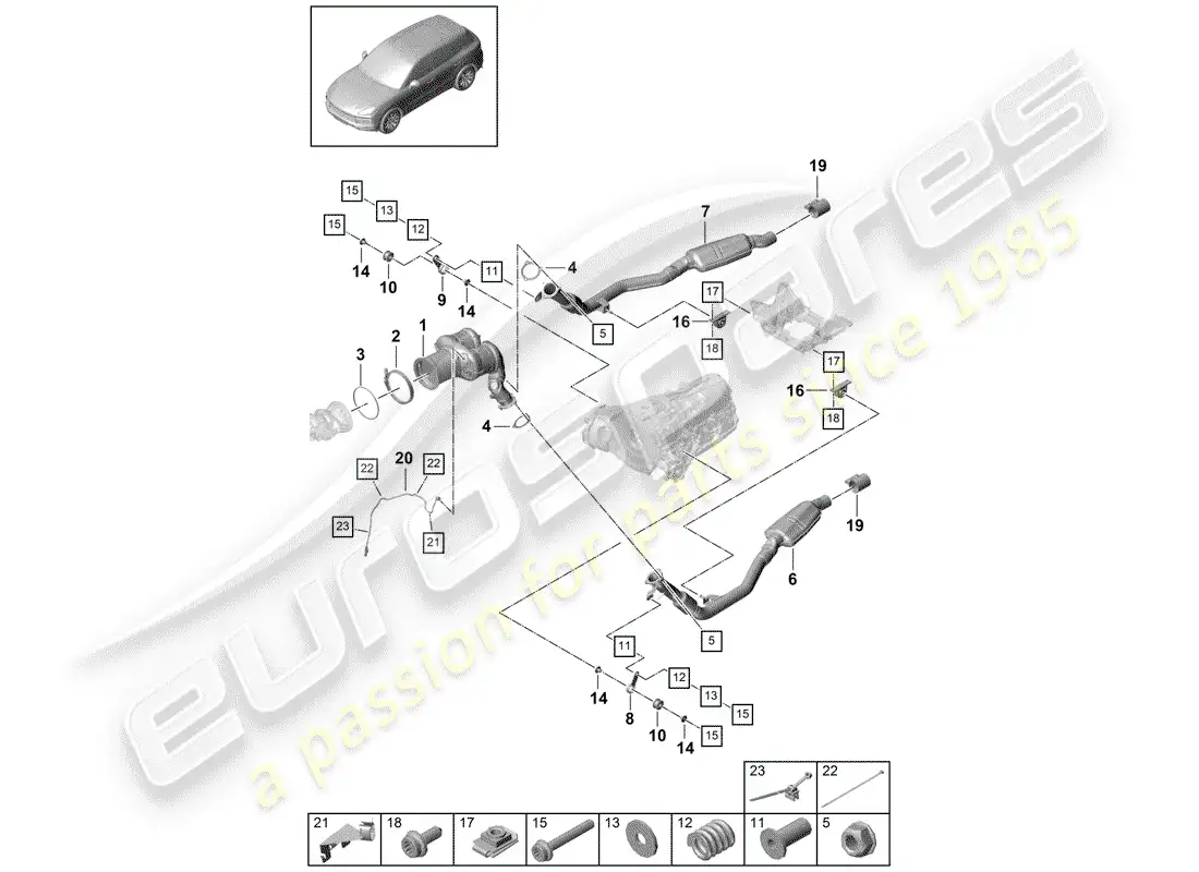 porsche 2018 (cayenne e3 9ya/9yb) sistema de escape diagrama de piezas