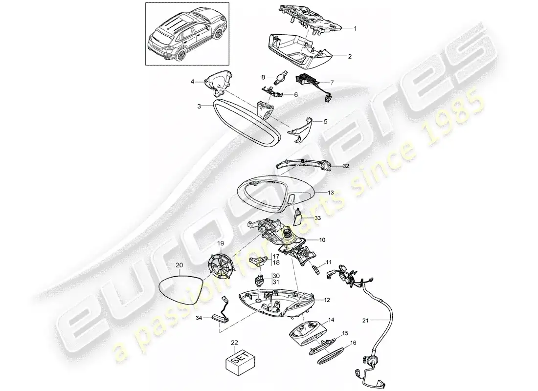 porsche 2013 (cayenne e2 92a) diagrama de piezas del espejo retrovisor