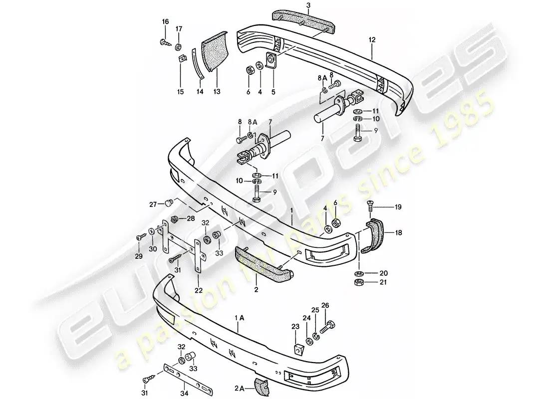 porsche 1987 (924s) parachoques - con: - diagrama de piezas del buffer