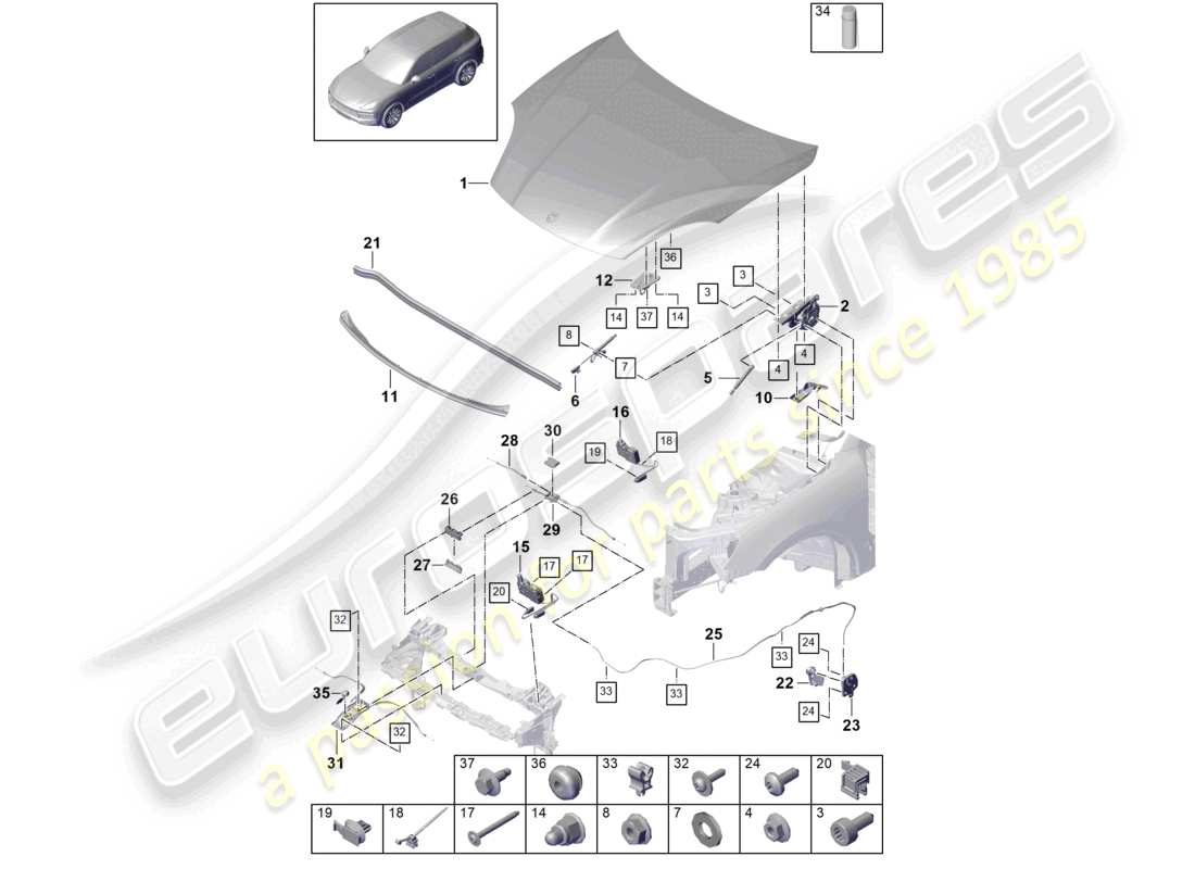 porsche 2024 (cayenne e3 9ya/9yb) diagrama de piezas de la cubierta frontal